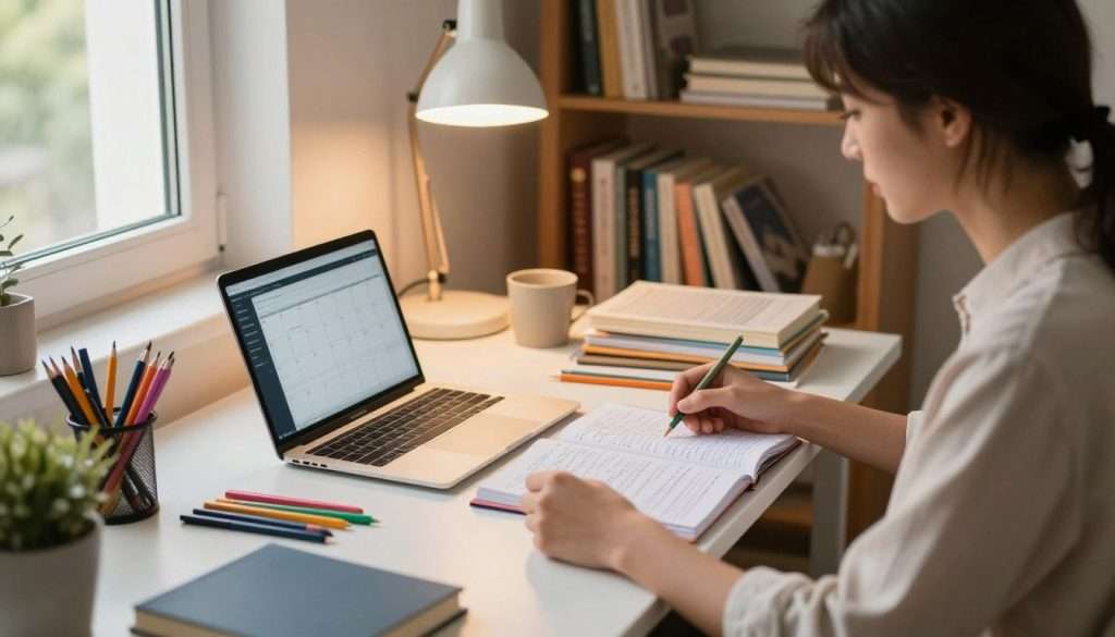A cozy study environment showcasing a neatly organized desk cluttered with colorful stationery, an open planner filled with handwritten notes, and a laptop displaying a digital calendar. In the foreground, a focused individual, dressed in comfortable yet professional attire, is reviewing study materials with a thoughtful expression. The middle ground features shelves lined with books and educational resources, while the background has soft ambient lighting emanating from a stylish desk lamp, casting warm light across the scene. A large window allows natural sunlight to filter in, enhancing the calm and productive atmosphere. The overall mood is one of motivation and clarity, embodying the essence of building a personalized study system. A cozy study environment showcasing a neatly organized desk cluttered with colorful stationery, an open planner filled with handwritten notes, and a laptop displaying a digital calendar. In the foreground, a focused individual, dressed in comfortable yet professional attire, is reviewing study materials with a thoughtful expression. The middle ground features shelves lined with books and educational resources, while the background has soft ambient lighting emanating from a stylish desk lamp, casting warm light across the scene. A large window allows natural sunlight to filter in, enhancing the calm and productive atmosphere. The overall mood is one of motivation and clarity, embodying the essence of building a personalized study system.