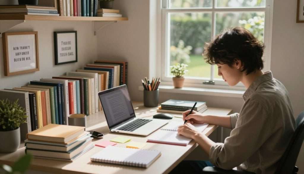 A cozy study nook filled with natural light, featuring a well-organized desk with a variety of study materials like notebooks, textbooks, and a laptop. In the foreground, a person dressed in casual yet professional clothing, deeply focused on their work, surrounded by colorful sticky notes and a planner. The middle ground showcases shelves lined with books and motivational quotes framed on the walls. In the background, a large window reveals a serene garden scene, creating an atmosphere of tranquility and inspiration. Soft daylight filters in, casting gentle shadows, with a depth of field effect that keeps the focus on the study space. The overall mood is calm, motivating, and conducive to productive study habits. A cozy study nook filled with natural light, featuring a well-organized desk with a variety of study materials like notebooks, textbooks, and a laptop. In the foreground, a person dressed in casual yet professional clothing, deeply focused on their work, surrounded by colorful sticky notes and a planner. The middle ground showcases shelves lined with books and motivational quotes framed on the walls. In the background, a large window reveals a serene garden scene, creating an atmosphere of tranquility and inspiration. Soft daylight filters in, casting gentle shadows, with a depth of field effect that keeps the focus on the study space. The overall mood is calm, motivating, and conducive to productive study habits.