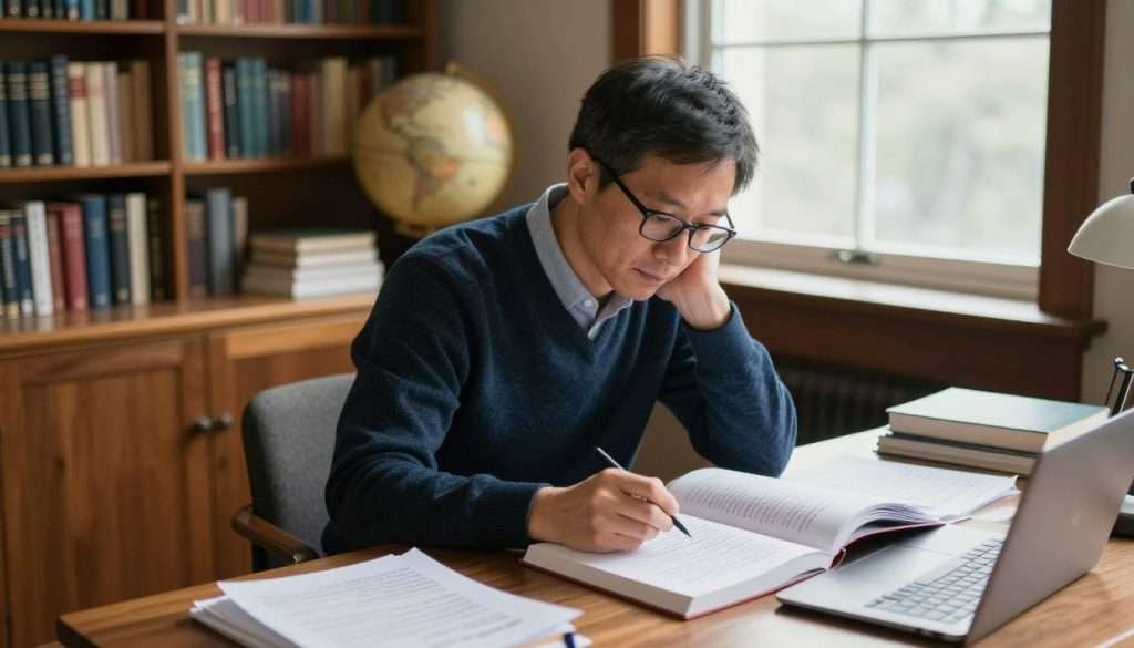 A cozy study room with a Harvard scholar seated at a wooden desk, deeply focused on a stack of open books and handwritten notes. The scholar, a middle-aged Asian male, is dressed in smart casual attire, wearing glasses, with a thoughtful expression as he reviews his notes for retention. In the background, bookshelves are filled with academic texts and a globe, while a large window allows soft, natural light to illuminate the space. The atmosphere conveys a sense of concentration and intellectual pursuit, with warm lighting adding an inviting ambiance. The angle is slightly from above, showcasing the workspace and elements of study surrounding the scholar, emphasizing the tips for effective reading and long-term learning.