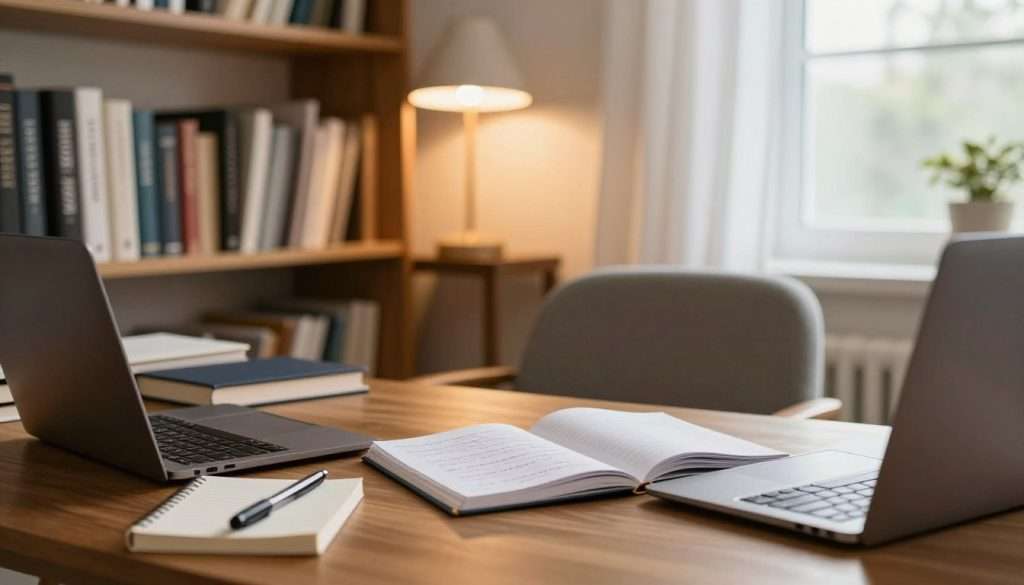 A cozy, well-lit study environment filled with inspirational writing tools. In the foreground, a sleek wooden desk cluttered with notebooks, pens, and a laptop. An open notebook with a handwritten essay sits prominently, inviting engagement. In the middle, a comfortable, stylish chair slightly turned towards the desk, suggesting a cozy ambiance for focused writing. Shelves in the background are filled with books on writing techniques, noted with soft, warm lighting to create a scholarly yet inviting atmosphere. A soft glow from a desk lamp adds a serene mood, while natural light streams in through a window adorned with light curtains. The entire scene exudes a sense of motivation, clarity, and professionalism, ideal for an effective writing space. A cozy, well-lit study environment filled with inspirational writing tools. In the foreground, a sleek wooden desk cluttered with notebooks, pens, and a laptop. An open notebook with a handwritten essay sits prominently, inviting engagement. In the middle, a comfortable, stylish chair slightly turned towards the desk, suggesting a cozy ambiance for focused writing. Shelves in the background are filled with books on writing techniques, noted with soft, warm lighting to create a scholarly yet inviting atmosphere. A soft glow from a desk lamp adds a serene mood, while natural light streams in through a window adorned with light curtains. The entire scene exudes a sense of motivation, clarity, and professionalism, ideal for an effective writing space.