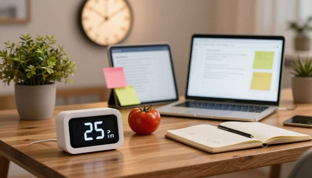 A cozy yet dynamic workspace centered around the Pomodoro Technique. In the foreground, a stylish wooden desk is adorned with a sleek digital timer, showing 25 minutes, with a fresh tomato sitting beside it symbolizing productivity. In the middle ground, a laptop is open with colorful sticky notes and a neatly arranged notepad filled with ideas, embodying focus and organization. A plant adds a touch of greenery, enhancing the ambiance. In the background, a softly illuminated wall clock ticks gently, capturing the essence of time management. The scene is well-lit with warm, diffused lighting, creating an inviting atmosphere. The overall mood is one of concentration, motivation, and effective time management strategies, perfect for visually representing the Pomodoro Technique.