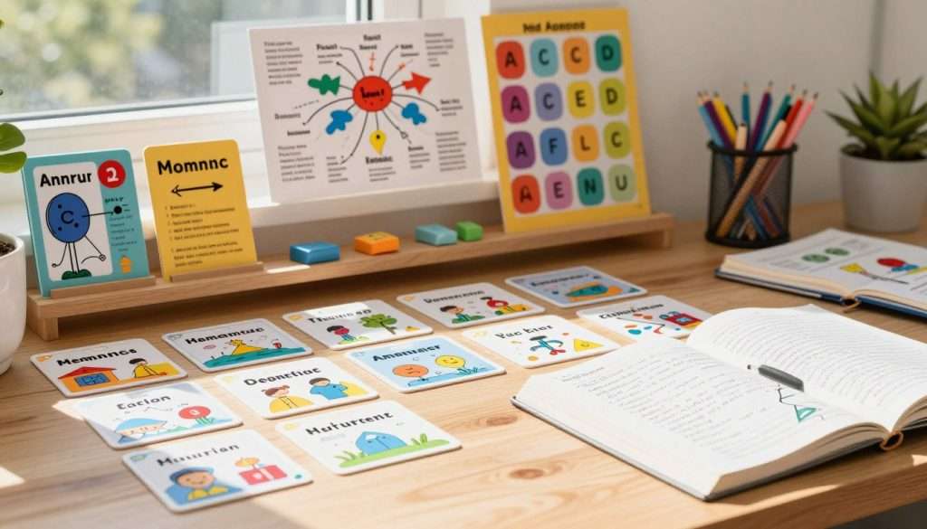 A creative and vibrant workspace filled with colorful mnemonic devices. In the foreground, a wooden desk with neatly arranged flashcards, each displaying different acronyms artfully designed with creative illustrations. A notepad filled with handwritten notes and sketches lies beside an open textbook. In the middle, shelves adorned with visual representations of mnemonic techniques, like a mind map and a colorful acronym poster, showcasing the strategies visually. The background features a bright window with natural sunlight pouring in, casting soft shadows across the scene, creating an inspiring and energetic atmosphere. The scene is captured in a warm, inviting color palette, using a shallow depth of field to draw focus to the mnemonic devices, emphasizing their importance in memory enhancement.
