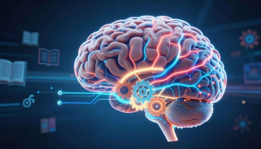 A detailed depiction of a human brain, illuminated with intricate neural pathways glowing in vibrant colors, symbolizing the complex processes of information processing. In the foreground, incorporate glowing circuits and gears intermingling with the brain, suggesting advanced technology and cognitive development. The middle ground should feature abstract representations of knowledge, such as floating books and symbols, softly blurred to emphasize the brain's activity. The background consists of a deep blue gradient fading into black, creating a calm and focused atmosphere that suggests depth and intelligence. Use soft, diffuse lighting to create an ethereal glow around the brain, and a slightly angled perspective to enhance the sense of dynamic movement within the neural structures, evoking curiosity and wonder in the viewer.