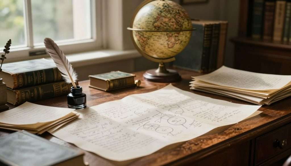 A detailed depiction of an ornate wooden study desk filled with an array of handwritten notes and diagrams, reflecting Newton's note-taking technique. In the foreground, a quill rests beside an inkwell, surrounded by stacks of parchment with complex equations and sketches. The middle ground features a vintage globe and ancient books, hinting at a thirst for knowledge. In the background, a large window lets in natural daylight, casting soft shadows across the room, creating a warm and intellectual atmosphere. The overall mood is one of deep concentration and curiosity, evoking the spirit of discovery. The scene is composed using a soft-focus lens to enhance the intimate study environment. A detailed depiction of an ornate wooden study desk filled with an array of handwritten notes and diagrams, reflecting Newton's note-taking technique. In the foreground, a quill rests beside an inkwell, surrounded by stacks of parchment with complex equations and sketches. The middle ground features a vintage globe and ancient books, hinting at a thirst for knowledge. In the background, a large window lets in natural daylight, casting soft shadows across the room, creating a warm and intellectual atmosphere. The overall mood is one of deep concentration and curiosity, evoking the spirit of discovery. The scene is composed using a soft-focus lens to enhance the intimate study environment.