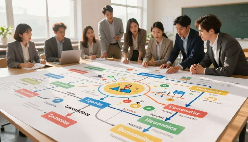 A detailed illustration of a personalized learning roadmap, depicted in an organizational chart style. In the foreground, various paths labeled with learning milestones weave through an interconnected network, each path representing different subjects or skills. The middle ground shows a diverse group of individuals, dressed in professional business attire, actively collaborating and discussing over a large paper map filled with colorful icons and diagrams representing concepts and techniques. In the background, a bright, airy classroom with large windows allows natural light to flood in, creating a motivating and inspiring atmosphere. The scene captures a sense of purpose and determination, with warm lighting that enhances the inviting environment, shot from a slightly elevated angle to showcase both the roadmap and the engaged participants.