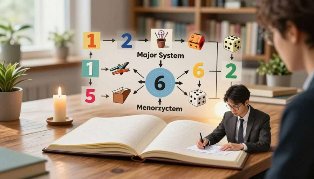 A detailed illustration of the Major System Memory Technique, featuring an open notebook on a polished wooden desk surrounded by colorful mnemonic images like vivid representations of numbers transformed into objects—like a candle for 1 and a pair of dice for 2—arranged artistically around the notebook. In the foreground, a focused individual in professional attire is engaged in the memory exercise, surrounded by soft, warm light that highlights their concentration. The middle should depict a brainstorming flowchart incorporating symbols and arrows linking images and numbers, suggesting cognitive connections. In the background, a serene study room filled with bookshelves, plants, and a large window allowing natural light to create an inviting atmosphere, enhancing the mood of thoughtful learning and advanced memory techniques.