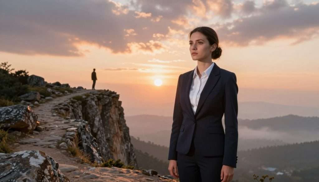 A determined young professional woman standing confidently at the edge of a vibrant cliff, overlooking a breathtaking sunrise that symbolizes new beginnings. In the foreground, she gazes out with an expression of resolve, wearing a smart business suit that emphasizes empowerment. In the middle ground, a rocky path leading up to the cliff represents the journey of overcoming obstacles, with subtle hints of a misty landscape below signifying challenges faced. In the background, the sun breaks through clouds, casting a warm glow over everything, creating a hopeful atmosphere. The lighting is soft yet radiant, emphasizing the woman’s face and the vivid colors of the sky. The image evokes an uplifting mood, inspiring viewers to conquer their fears of failure and judgment.
