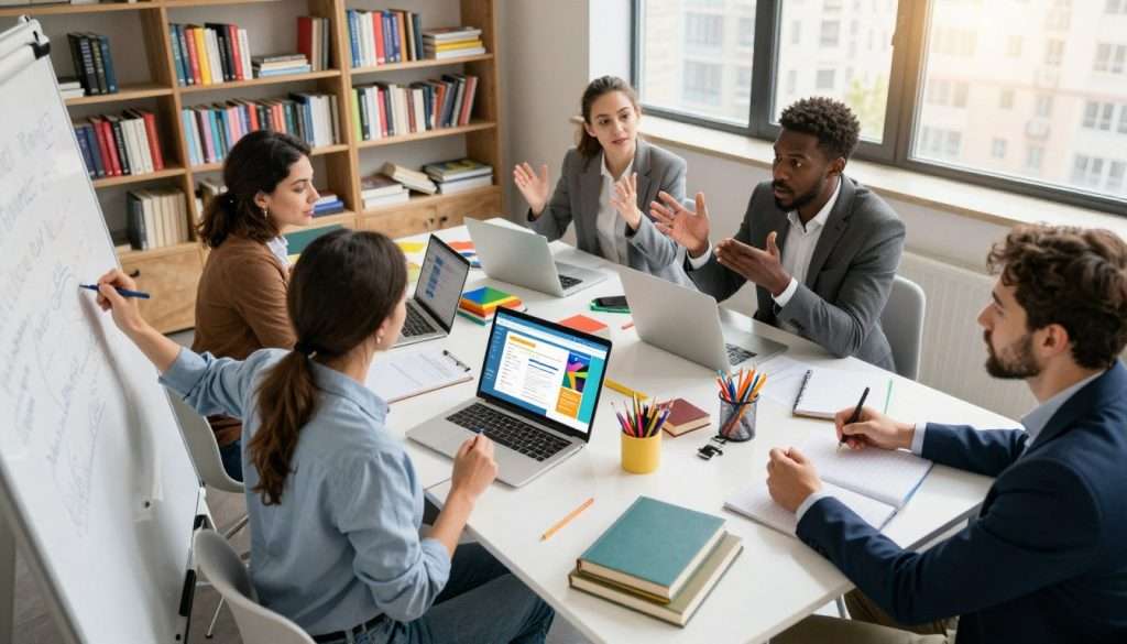 A diverse group of five professionals is engaged in a brainstorming session around a large, contemporary table filled with books, laptops, and colorful stationery. In the foreground, a woman in smart casual attire writes notes on a whiteboard, while a man in a business suit gestures excitedly, emphasizing his point. In the middle, an open laptop displays a digital learning platform, with a vibrant, interactive interface on the screen. The background features shelves lined with inspirational books and a window showcasing a sunlit cityscape, creating an atmosphere of innovation and possibility. Soft, natural lighting illuminates the scene, enhancing a productive and collaborative mood. The angle is slightly overhead, capturing the dynamic interaction among the group as they develop their lifelong learning strategies.
