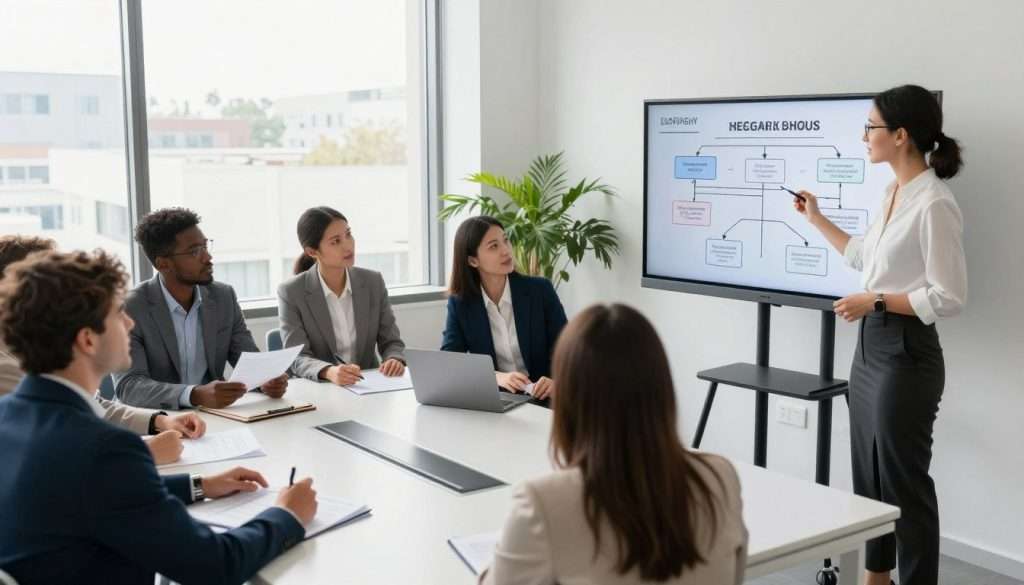 A diverse group of professionals engaged in a strategic leadership development meeting. In the foreground, a confident woman presents a flowchart on a modern digital screen, illustrating strategic thinking concepts. The middle ground shows a mixed-gender team in professional attire, collaborating around a sleek conference table, examining documents and brainstorming ideas. Bright, natural lighting floods the room through large windows, creating an open, inviting atmosphere. In the background, a contemporary office space with minimalist decor emphasizes productivity and innovation, while green plants add a touch of life. The mood is focused yet inspiring, highlighting the importance of strategic habits in leadership development. The perspective is slightly elevated, capturing the dynamic interaction among team members without any distractions.