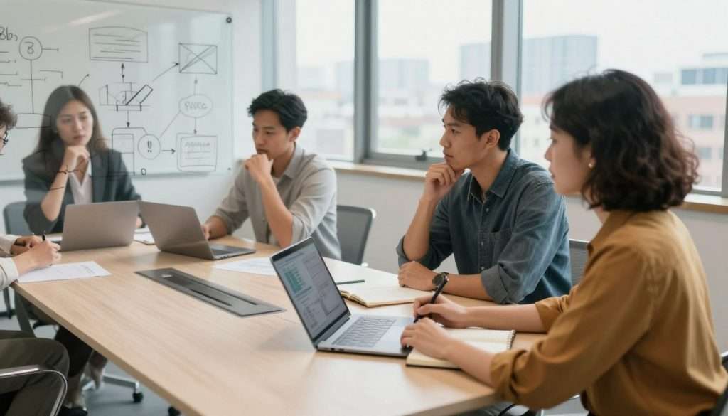 A diverse group of professionals engaged in an active brainstorming session around a large, modern conference table. In the foreground, a woman in smart casual attire sketches ideas on a transparent whiteboard, showcasing problem-solving concepts through a blend of diagrams and flowcharts. The middle ground features two men, one analyzing data on a laptop while the other thoughtfully jots down notes on a notepad, illustrating mental adaptability. In the background, large windows bathe the room in natural light, revealing a city skyline. The atmosphere is dynamic and collaborative, capturing a moment of intense focus and creativity, with a warm color palette and a shallow depth of field to emphasize the subjects.