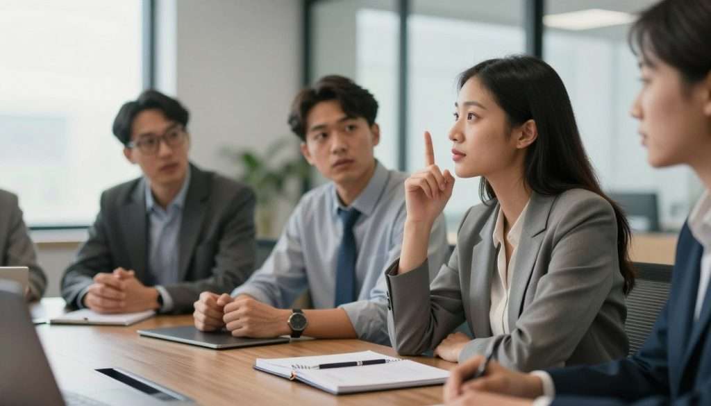 A diverse group of professionals engaged in an animated discussion, seated around a sleek conference table. In the foreground, a confident woman in a smart blazer leans forward, thoughtfully raising her hand, symbolizing the act of asking insightful questions. On the table, a notebook and pens are scattered, hinting at an ongoing brainstorming session. In the middle ground, two men, one with glasses and the other with a tie, nod in agreement, showcasing active listening. The background reveals a modern office setting with large windows allowing soft, natural light to illuminate the room, creating a warm and inviting atmosphere. The scene captures a collaborative mood, emphasizing the importance of asking quality questions in professional settings. A diverse group of professionals engaged in an animated discussion, seated around a sleek conference table. In the foreground, a confident woman in a smart blazer leans forward, thoughtfully raising her hand, symbolizing the act of asking insightful questions. On the table, a notebook and pens are scattered, hinting at an ongoing brainstorming session. In the middle ground, two men, one with glasses and the other with a tie, nod in agreement, showcasing active listening. The background reveals a modern office setting with large windows allowing soft, natural light to illuminate the room, creating a warm and inviting atmosphere. The scene captures a collaborative mood, emphasizing the importance of asking quality questions in professional settings.