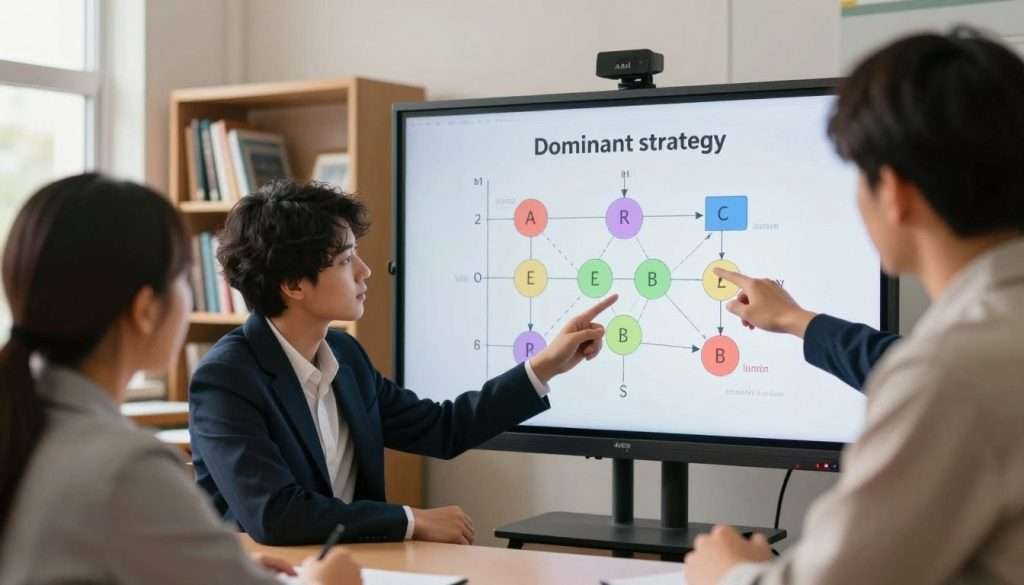 A dynamic and engaging classroom setting, focusing on a diverse group of three students analyzing a game theory matrix on a large digital screen. The foreground features the students, two of whom are in professional business attire, deeply engaged in discussion, with one pointing at the screen, highlighting the "dominant strategy." In the middle, the digital screen displays colorful graphs and payoffs, symbolizing strategic choices in learning. The background includes bookshelves filled with educational materials and a well-lit window, providing natural light that adds warmth to the atmosphere. The overall mood is collaborative and intellectually stimulating, emphasizing the concept of optimizing learning through strategic thinking. Use a slight depth of field to focus on the students while softly blurring the background for emphasis.
