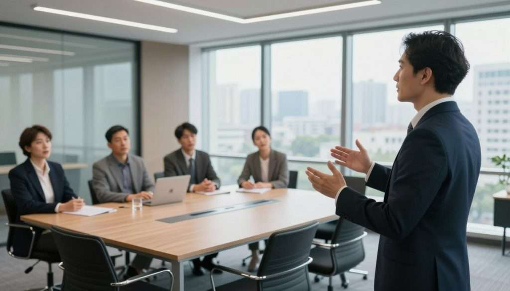 A dynamic scene capturing the essence of “masterful performance” in a professional setting. In the foreground, a focused individual in business attire confidently delivers a compelling presentation, their body language reflecting poise and enthusiasm. In the middle, engaged colleagues attentively listen, their expressions showing admiration and inspiration. The background features a sleek, modern conference room with large windows showcasing a panoramic city view, filled with natural light creating a bright atmosphere. Utilize a wide-angle lens to emphasize the depth and energy of the room, with soft, diffused lighting enhancing the overall mood. This image conveys a sense of sustained excellence and collaboration, embodying the journey towards exceptional performance over time.