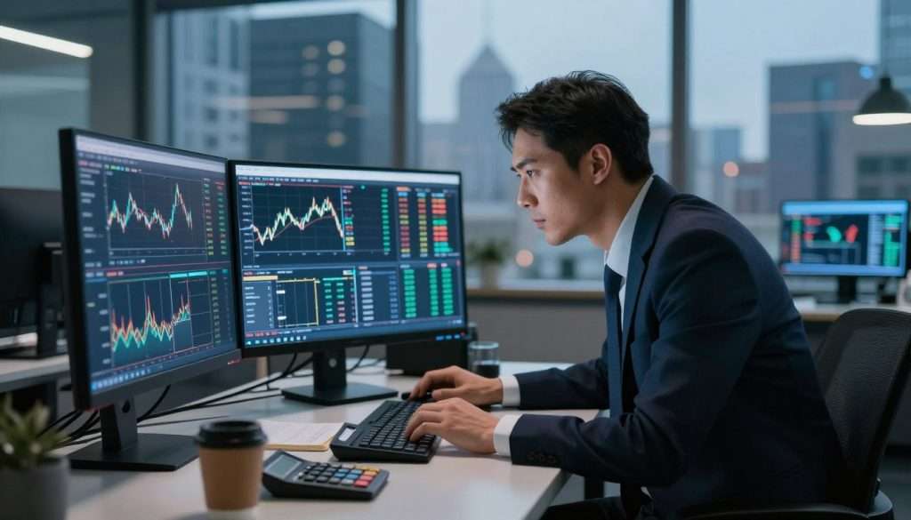 A focused and determined trader analyzes complex financial data on multiple screens in a modern office environment. In the foreground, a professional in business attire leans forward, illuminated by the soft glow of computer monitors displaying charts, algorithms, and market trends. The middle ground features a sleek desk with strategic trading tools like calculators and notebooks, along with a coffee cup for a touch of realism. The background showcases a panoramic view of a bustling city skyline through large windows, symbolizing the global market. The lighting is a blend of cool blue tones from the screens and warm ambient light, creating a high-tech, focused atmosphere that reflects the analytical mindset necessary for algorithmic trading.