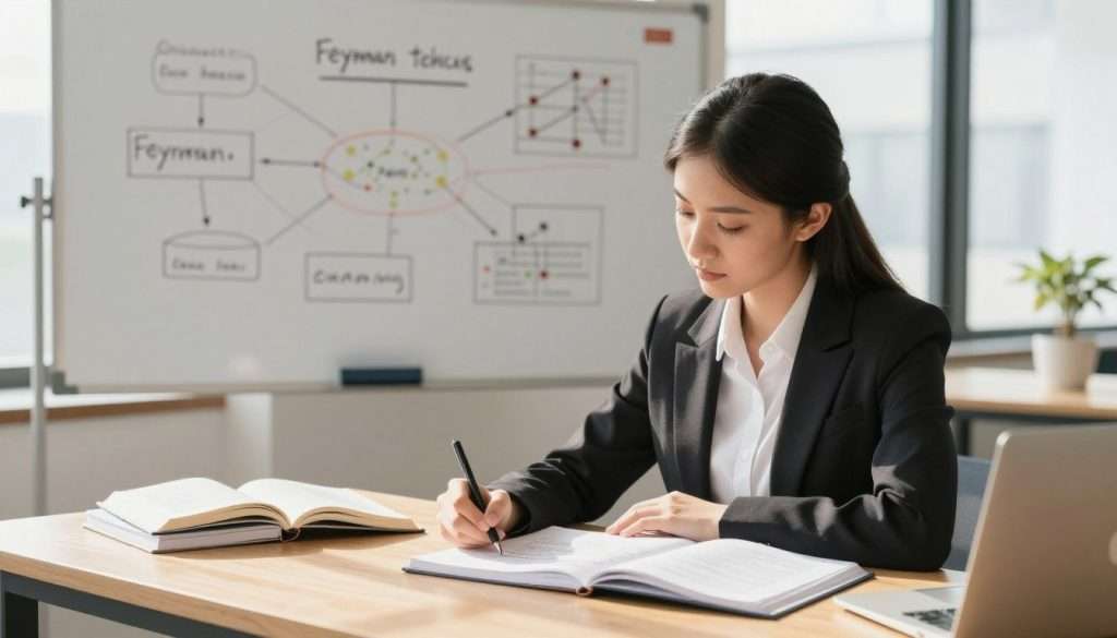 A focused and serene study environment showcasing a person engaged in effective learning using the Feynman Technique. In the foreground, a young professional woman in business attire sits at a wooden desk cluttered with notebooks and open textbooks. She is writing notes and highlighting key concepts, with a thoughtful expression, indicating engagement in her learning process. The middle ground features a whiteboard with diagrams and mind maps illustrating complex topics, symbolizing the identification of knowledge gaps. In the background, soft sunlight streams through a large window, creating a warm and inviting atmosphere. The lighting is bright yet soft, capturing a sense of clarity and focus, and the angle is slightly elevated, providing a comprehensive view of the study space. The mood is inspiring and conducive to deep learning.