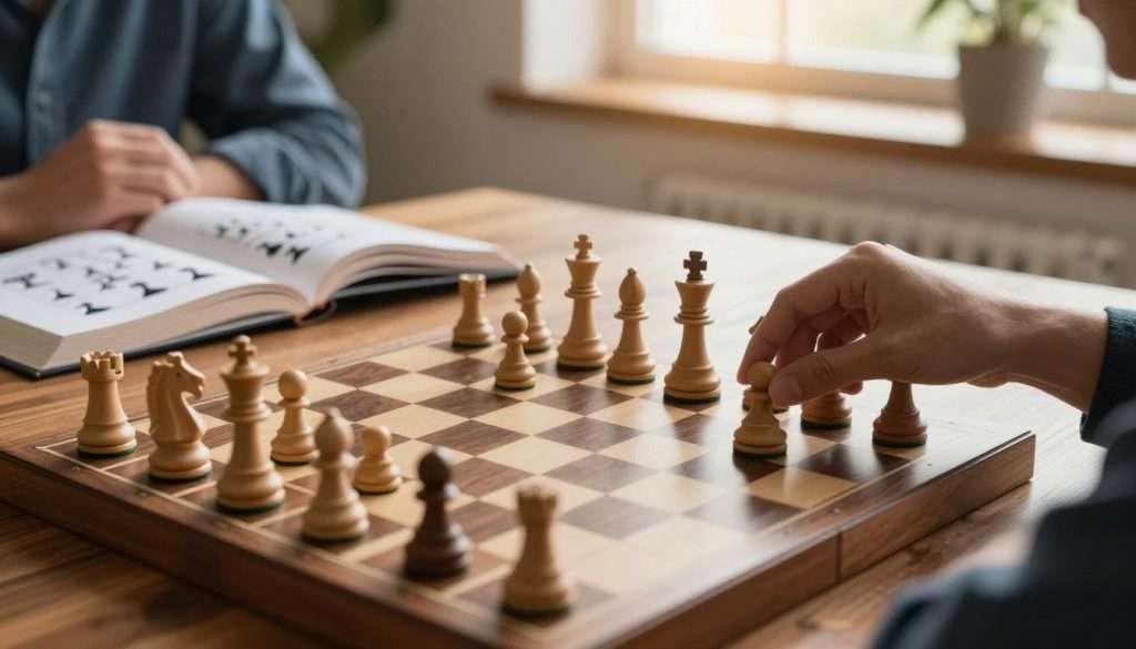 A focused chess board setup in the foreground, featuring two hands—one pushing a pawn and the other contemplating a move, alluding to strategic thinking. The middle ground showcases a variety of chess pieces organized in tactical arrangements, like an open book with pages displaying iconic chess strategies illustrated graphically. In the background, a softly lit room with a wooden table and a window letting in warm sunlight, enhancing the cozy atmosphere. The lens captures a slightly elevated angle, emphasizing the chess pieces and players while maintaining the room’s inviting feel. The overall mood is one of concentration and intellectual engagement, capturing the essence of learning through chess.