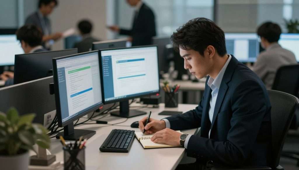 A focused individual sitting at a sleek, modern desk in a bustling office environment. In the foreground, the person, dressed in professional business attire, is intently writing notes on a notepad, exuding concentration amidst the chaos. In the middle ground, multiple screens display various notifications and emails, symbolizing distractions. The background features blurred silhouettes of colleagues engaged in animated discussions, adding to the busy atmosphere. The lighting is a mix of warm and cool tones, creating a contrast that highlights the individual’s composed demeanor. The angle of the shot is slightly tilted, emphasizing the intensity of focus against the distractions. The overall mood captures determination and resilience, illustrating the challenge of maintaining clarity under pressure.