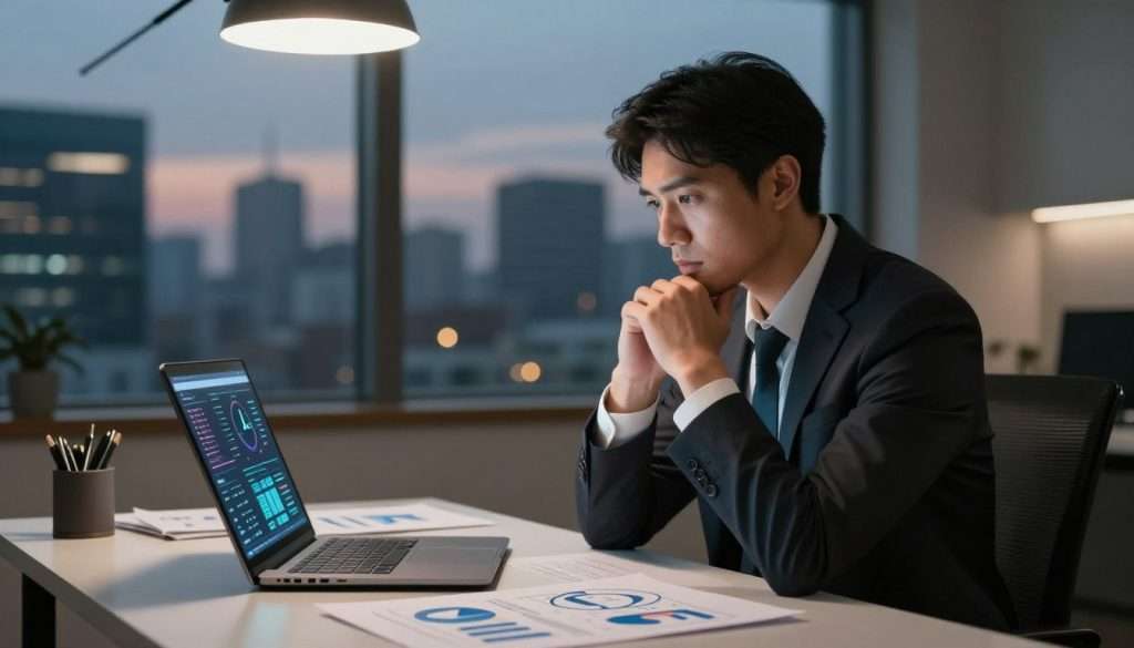 A focused professional in a smart business suit sits at a sleek desk, surrounded by diagrams and charts illustrating strategic plans. The foreground showcases a thoughtful expression as they pause, hand to chin, deep in thought. In the middle, a subtle glow emanates from a laptop displaying complex data and a timer indicating urgency. The background reveals a window showing a city skyline at dusk, with lights starting to twinkle, adding tension. Soft overhead lighting creates a warm yet serious atmosphere, highlighting the subject's concentration. A shallow depth of field blurs the background slightly, emphasizing the professional's intensity and calm demeanor despite the pressure, encapsulating the essence of strategic thinking under duress.