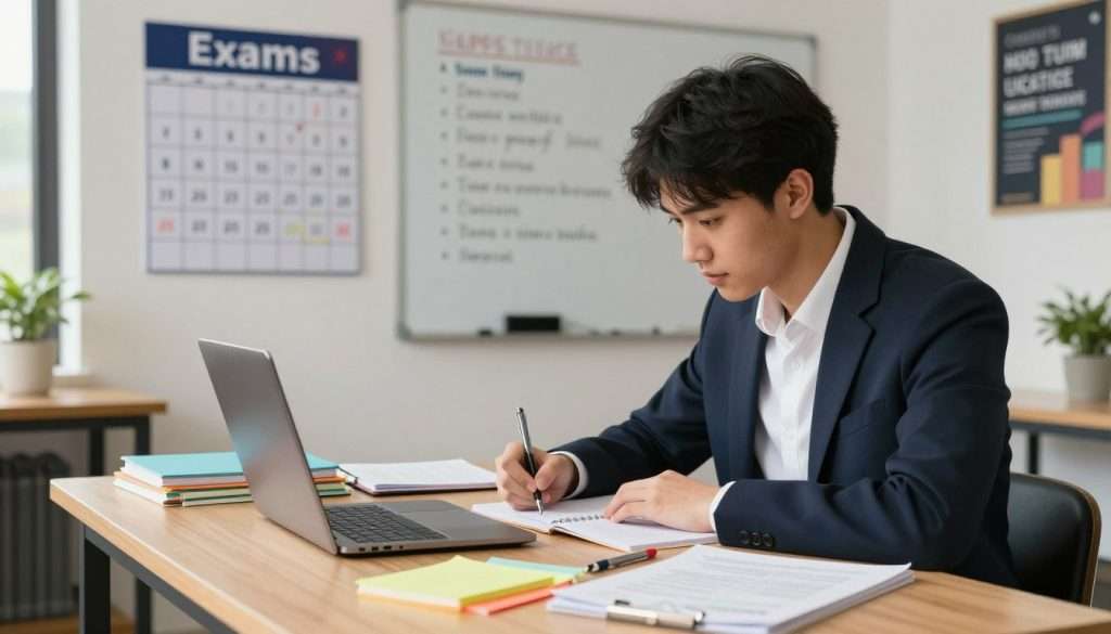 A focused student seated at a wooden desk, surrounded by colorful study materials, notes, and a laptop open to a syllabus. In the foreground, the student, a young adult wearing professional attire, writes notes with a pen, deeply engaged in thought. The middle ground features a wall-mounted calendar highlighting exam dates, along with a whiteboard filled with strategies and tips organized in bullet points. The background shows a well-lit study room with natural light filtering through a window, creating a warm, inviting atmosphere. A motivational poster is visible on the wall, and a potted plant adds a touch of greenery. The overall mood is determined and optimistic, reflecting the journey of academic improvement and preparation.