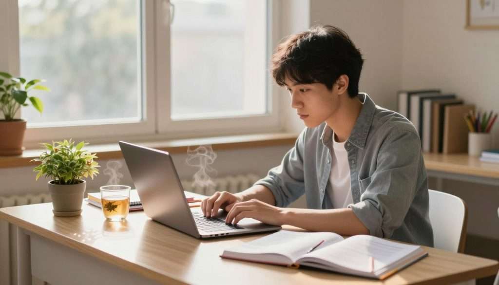 A focused student sitting at a tidy desk, surrounded by study materials and a glowing laptop, immersed in their work. In the foreground, a vibrant potted plant adds a touch of nature, symbolizing growth and rejuvenation. The middle ground showcases a carefully organized workspace with notebooks, colorful stationery, and a steaming cup of herbal tea. A large window in the background lets in soft, warm sunlight, creating a pleasant atmosphere that enhances concentration. The room has soft pastel shades, promoting calmness, and subtle shadows from the afternoon sun highlight the contours of the workspace. The overall mood is one of tranquility and productivity, reflecting the importance of strategic breaks for maintaining focus. The student is dressed in smart casual attire, embodying professionalism and dedication.