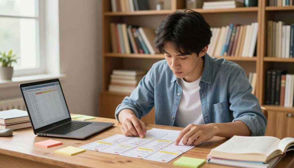 A focused study scene in a well-lit, cozy study room. In the foreground, a young adult wearing casual but neat clothing is actively engaging with flashcards spread out on a wooden desk, highlighting the concept of active recall. They are surrounded by colorful sticky notes and textbooks, with a laptop open showing a study timetable. The middle ground features a large bookshelf filled with neatly arranged books and study materials. In the background, a window allows soft natural light to filter in, enhancing the warm and inviting atmosphere. The overall mood is energetic and motivational, encouraging effective study habits, with a depth of field effect to draw attention to the student’s focused expression.