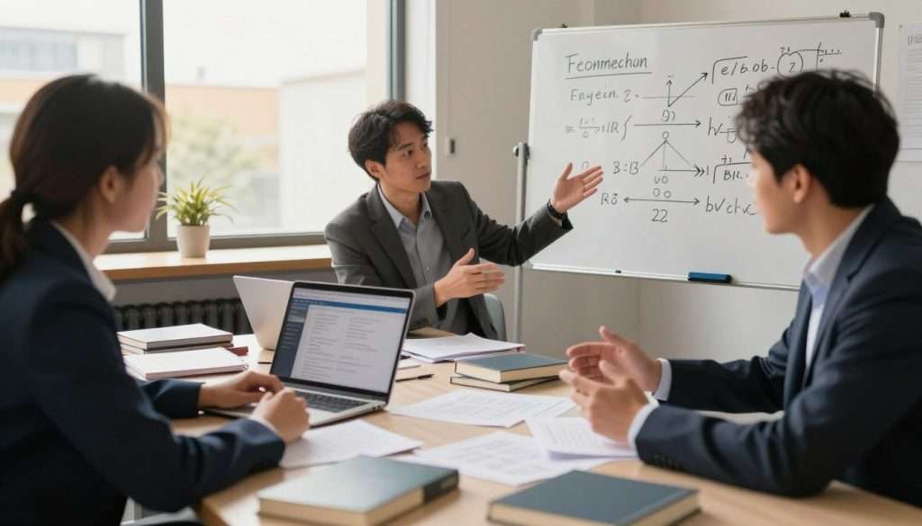A focused workspace featuring a table covered with books and notes on various complex subjects, reflecting the essence of the Feynman Technique. In the foreground, a diverse group of three individuals—two men and one woman—are deeply engaged in discussion, each donning professional business attire. They are animatedly explaining concepts to one another, with one person using a whiteboard filled with simplified diagrams and equations. The middle ground includes an open laptop displaying a digital presentation. In the background, there’s a large window allowing warm, natural light to flood the room, creating a collaborative and energetic atmosphere. The entire scene conveys a mood of curiosity and intellectual engagement, emphasizing the process of studying and mastering knowledge.