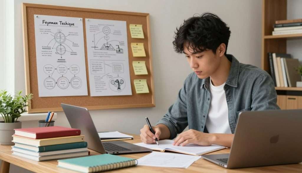 A focused young professional in a cozy, modern study, seated at a wooden desk filled with books and notes on various subjects, embodying the essence of effortless learning. In the foreground, a stack of colorful notebooks and tools such as pens and a laptop highlight the dynamic act of skill mastery. The middle layer showcases a large corkboard with diagrams and illustrations representing the Feynman Technique, alongside sticky notes that underline key concepts. In the background, a well-lit window allows soft natural light to filter in, casting gentle shadows that create a tranquil, inspiring atmosphere. The mood is one of curiosity and engagement, emphasizing a journey of deep understanding and mastery. The image captures a moment of academic exploration, with a warm color palette and clear focus.