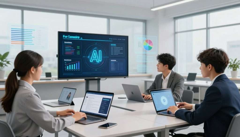A modern classroom scene showcasing the future of education technology. In the foreground, a diverse group of three students, dressed in professional attire, interacts with sleek tablets and laptops displaying advanced educational software. The middle ground features an interactive whiteboard with dynamic visualizations of AI learning trends. In the background, large windows allow natural light to illuminate the space, creating a bright and inspiring atmosphere. Floating charts and graphics illustrate concepts like virtual reality learning and personalized AI tutoring. The overall mood is optimistic and energetic, emphasizing innovation and engagement in the learning process, captured from a slightly elevated angle to provide depth and perspective.