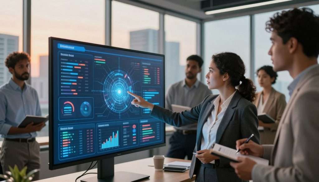 A modern office setting featuring a diverse group of professionals, including men and women of different ethnicities, collaborating around a large digital display screen showing intricate predictive modeling graphs and data visualizations. In the foreground, a confident woman in business attire points at the screen while another colleague takes notes. The middle layer features high-tech elements such as holographic interfaces and AI algorithms represented visually. The background showcases a sleek city skyline through large windows, bathed in warm, soft lighting that creates a vibrant and innovative atmosphere. The scene captures a sense of focus, teamwork, and forward-thinking in analytical intelligence. The perspective is slightly angled to highlight both the individuals and the digital screen, emphasizing the interaction with artificial intelligence tools.