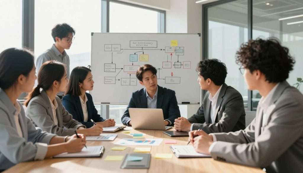 A modern office setting with a large conference table in the foreground, surrounded by diverse professionals engaged in a strategic brainstorming session. They are wearing professional business attire, displaying focused expressions as they analyze charts, diagrams, and sticky notes on the table. In the middle ground, a whiteboard filled with diagrams of strategic thinking methods and complex problem-solving frameworks is visible. The background features a large window with natural light streaming in, creating an inspiring and productive atmosphere. Soft shadows and warm lighting enhance the collaborative mood, while the angle captures both the dynamic interactions among the team and the strategic materials they are discussing, evoking a sense of deep thinking and innovation.