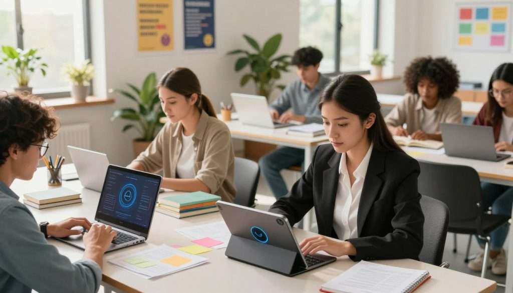 A modern study scene featuring a diverse group of students engaged with their AI study assistant, displayed on sleek, futuristic devices like tablets and laptops. In the foreground, a focused young woman in professional business attire is interacting with the AI on her tablet, surrounded by colorful notes and books. The middle layer showcases a bright, contemporary study room filled with plants and motivational posters. In the background, large windows allow natural sunlight to flood the space, illuminating the atmosphere and enhancing productivity. Use a warm color palette to evoke a sense of inspiration and possibility. Employ a slightly elevated angle to capture the collaborative nature of the environment, emphasizing teamwork and innovation in education.