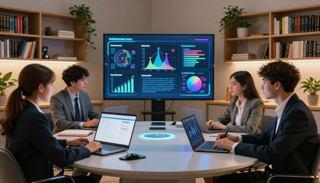 A modern study space showcasing AI study techniques for science. In the foreground, a diverse group of three students in professional business attire sits around a sleek, futuristic table with laptops and digital devices displaying AI-driven educational apps. In the middle, a large smart screen displays colorful graphs and infographics related to various scientific subjects, reflecting active learning. The background features bookshelves filled with science textbooks and vibrant plants, enhancing a scholarly atmosphere. Soft, ambient lighting casts a warm glow in the room, evoking a sense of focus and collaboration. The angle captures a dynamic view of the collaborative study space, emphasizing innovation and technology in learning. The overall mood is inspiring and intellectually stimulating. A modern study space showcasing AI study techniques for science. In the foreground, a diverse group of three students in professional business attire sits around a sleek, futuristic table with laptops and digital devices displaying AI-driven educational apps. In the middle, a large smart screen displays colorful graphs and infographics related to various scientific subjects, reflecting active learning. The background features bookshelves filled with science textbooks and vibrant plants, enhancing a scholarly atmosphere. Soft, ambient lighting casts a warm glow in the room, evoking a sense of focus and collaboration. The angle captures a dynamic view of the collaborative study space, emphasizing innovation and technology in learning. The overall mood is inspiring and intellectually stimulating.
