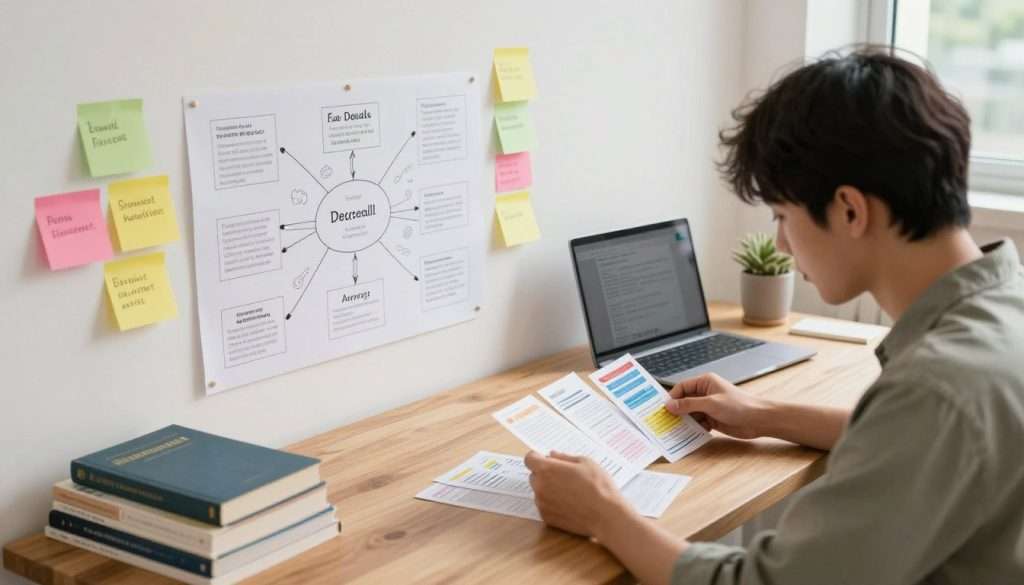 A modern study space showcasing active recall techniques. In the foreground, a focused student, wearing smart casual attire, is intently reviewing flashcards at a wooden desk, surrounded by books and colorful sticky notes with key concepts visible. In the middle, an organized wall displays a mind map and visual aids related to study topics, emphasizing the process of retrieval. The background features a bright, airy room with large windows letting in soft natural light, creating an inviting atmosphere. The overall mood is one of productivity and engagement, highlighting the art of effortless education through effective learning methods. The scene is captured from a slightly elevated angle, giving a comprehensive view of the space while maintaining a cozy feel.