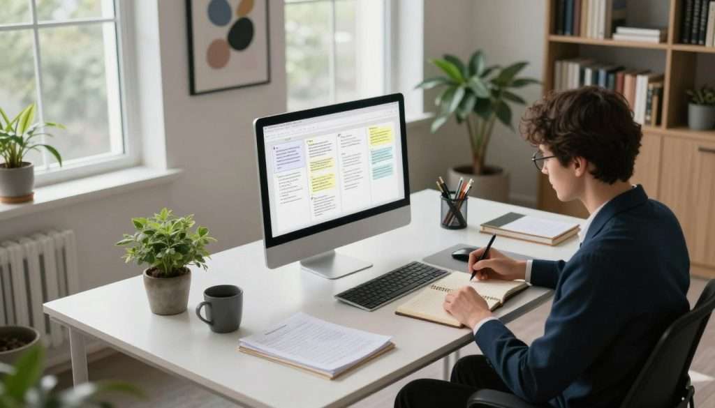 A modern workspace designed for cognitive awareness, featuring a sleek, minimalist desk with a high-tech computer and notes organized neatly. In the foreground, a person in professional attire, focused and engaged, is writing in a notebook. The middle ground shows a large window allowing natural light to flood in, illuminating the space and creating a calming atmosphere. Potted plants and abstract art hang on the walls, enhancing mental clarity. In the background, bookshelves filled with inspiring literature are visible. The scene is captured from a slight overhead angle to emphasize the workspace's organization and serenity. Soft, diffused lighting creates a peaceful mood, ideal for optimizing mental focus and clarity.