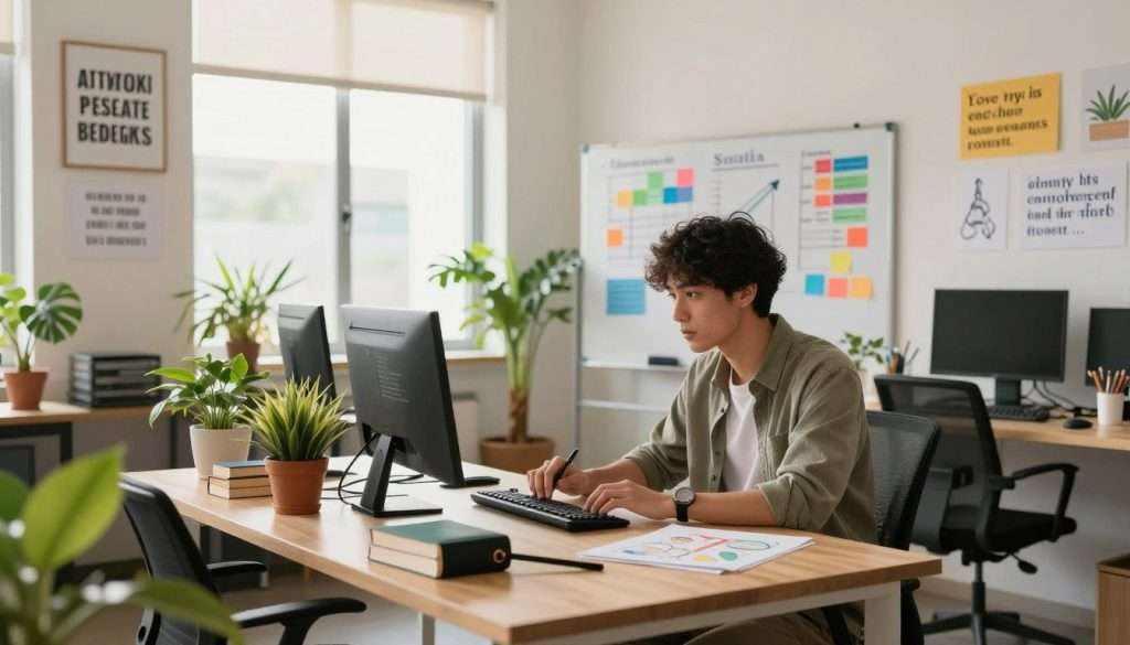 A modern workspace designed for skill development, featuring a well-organized desk with books and tools related to various skills like coding, art, and music. In the foreground, a focused young professional in smart casual attire is immersed in learning, surrounded by vibrant plants and inspirational quotes on the walls. The middle ground showcases a whiteboard filled with colorful charts and progress tracking, symbolizing growth and efficiency. In the background, large windows illuminate the space with soft, natural light, casting a warm glow and creating an inviting atmosphere. A sense of productivity and motivation permeates the scene, reflecting the theme of exploiting environmental design for automatic progress in personal development. The image captures a blend of innovation and tranquility, encouraging viewers to visualize their own skill advancement journey.