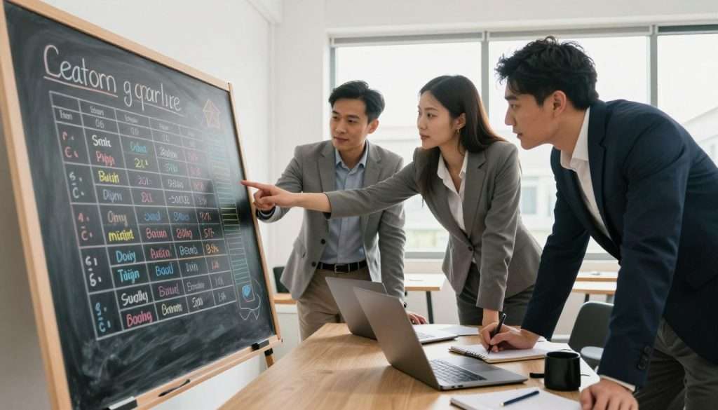 A modern workspace featuring a chalkboard with a colorful, detailed strategic learning schedule prominently displayed in the foreground. In the middle, a diverse group of three professionals, dressed in smart business attire, lean over a table, engaged in discussion and brainstorming. One individual points at the schedule while others take notes on laptops and notepads. The background shows a well-lit room with large windows, allowing natural light to fill the space and create a vibrant atmosphere. Soft shadows and a warm color palette evoke a sense of collaboration and focused ambition. A sleek, contemporary aesthetic enhances the mood of productivity and strategic planning. The image captures the essence of mastering learning techniques in a professional environment, ideal for showcasing effective learning strategies.