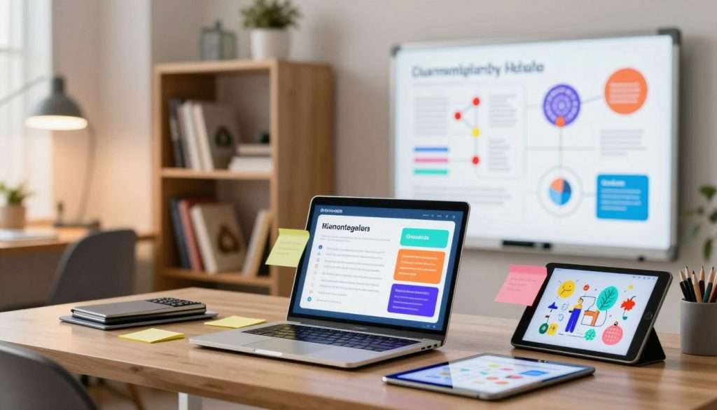 A modern workspace featuring dual coding digital tools for enhancing memory retention. In the foreground, an open laptop with vibrant educational graphics on the screen, surrounded by colorful sticky notes and a digital tablet with illustrations. In the middle ground, a stylish bookshelf filled with books and digital tools like a smart whiteboard, showcasing diagrams and mind maps. The background is softly blurred, hinting at a cozy office setting with warm lighting, creating an inviting atmosphere. Use a shallow depth of field to accentuate the tools while maintaining a slight glow from desk lamps, giving a sense of focus and productivity. The mood is inspiring and innovative, encouraging creativity and learning. A modern workspace featuring dual coding digital tools for enhancing memory retention. In the foreground, an open laptop with vibrant educational graphics on the screen, surrounded by colorful sticky notes and a digital tablet with illustrations. In the middle ground, a stylish bookshelf filled with books and digital tools like a smart whiteboard, showcasing diagrams and mind maps. The background is softly blurred, hinting at a cozy office setting with warm lighting, creating an inviting atmosphere. Use a shallow depth of field to accentuate the tools while maintaining a slight glow from desk lamps, giving a sense of focus and productivity. The mood is inspiring and innovative, encouraging creativity and learning.