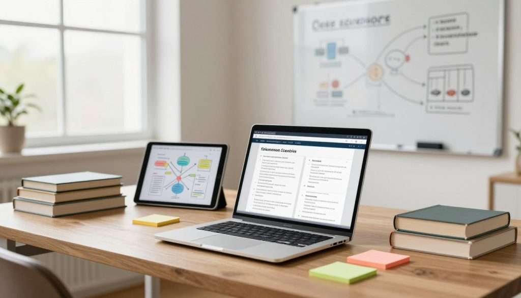 A modern workspace featuring structured learning tools, prominently displayed in the foreground. Include a well-organized wooden desk with a sleek laptop open to an online course, colorful sticky notes, and a curated selection of educational books stacked neatly. In the middle ground, place a digital tablet showing a mind map, along with a bright, minimalist whiteboard filled with diagrams and learning strategies. The background should have a clear window allowing natural light to flood in, enhancing the atmosphere of inspiration and focus. Use soft, warm lighting to create a cozy yet productive environment, captured at a slight angle that emphasizes depth. Aim for a mood of motivation and clarity, with no people present, ensuring a clean and professional aesthetic suitable for an educational theme. A modern workspace featuring structured learning tools, prominently displayed in the foreground. Include a well-organized wooden desk with a sleek laptop open to an online course, colorful sticky notes, and a curated selection of educational books stacked neatly. In the middle ground, place a digital tablet showing a mind map, along with a bright, minimalist whiteboard filled with diagrams and learning strategies. The background should have a clear window allowing natural light to flood in, enhancing the atmosphere of inspiration and focus. Use soft, warm lighting to create a cozy yet productive environment, captured at a slight angle that emphasizes depth. Aim for a mood of motivation and clarity, with no people present, ensuring a clean and professional aesthetic suitable for an educational theme.