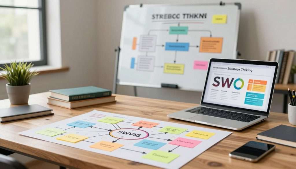 A modern workspace featuring various strategic thinking tools laid out on a sleek wooden desk. In the foreground, a creative mind map with colorful sticky notes and arrows highlights interconnected ideas. Beside it, a laptop displays a vibrant SWOT analysis chart. In the middle ground, a whiteboard showcases a flowchart of strategic frameworks with diagrams illustrating business models. The background subtly showcases books on strategy and innovation, along with a potted plant that adds a touch of nature. The lighting is bright and inviting, with a soft natural glow filtering through a nearby window, creating an atmosphere of focus and creativity. The scene exudes professionalism and Inspiration, perfect for fostering strategic thinking.