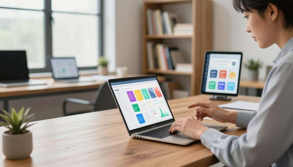 A modern workspace illustrating the concept of spaced repetition applications. In the foreground, a sleek wooden desk with a laptop open to a study app interface featuring colorful flashcards and graphs. On one side, a person dressed in professional business attire is actively engaging with the application, their facial expression reflecting concentration and determination. The middle ground features bookshelves filled with well-organized educational materials and digital devices showcasing various study applications. In the background, large windows allow soft, natural light to flood the room, creating an inviting atmosphere. The overall mood is one of productivity, focus, and innovation, capturing the essence of effective learning strategies in a modern educational environment.