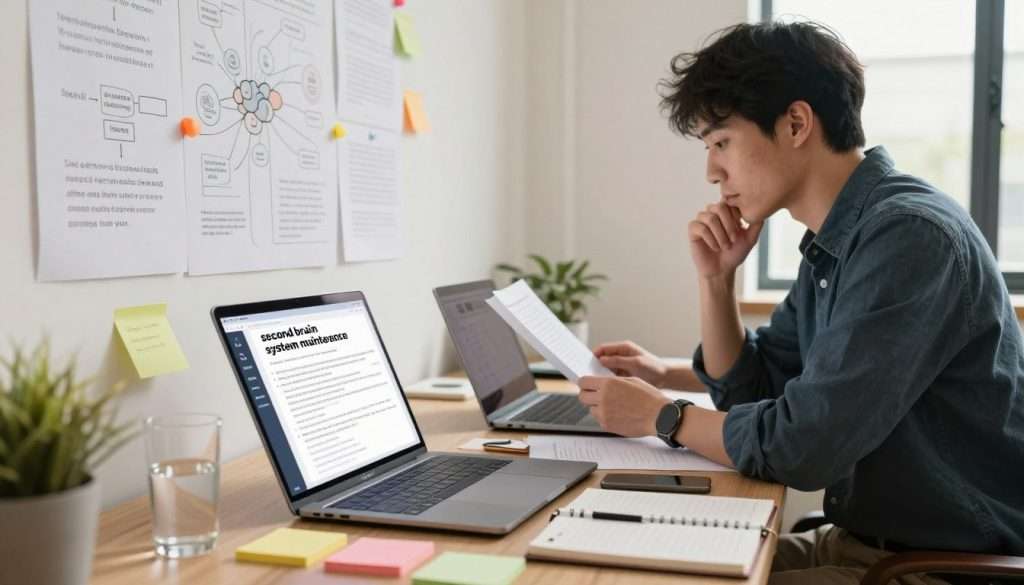 A modern workspace representing "second brain system maintenance." In the foreground, an organized desk featuring a laptop with a digital note-taking application open, surrounded by colorful sticky notes, a planner, and a glass of water. In the middle ground, a focused individual, dressed in smart casual attire, reviews documents and types on their laptop, deep in thought. The background showcases a wall full of pinned ideas, mind maps, and inspirational quotes, illuminated by soft, natural light coming through a nearby window, creating a warm, inviting atmosphere. The overall mood conveys productivity and a sense of clarity, symbolizing the importance of maintaining and reviewing a personal knowledge management system.