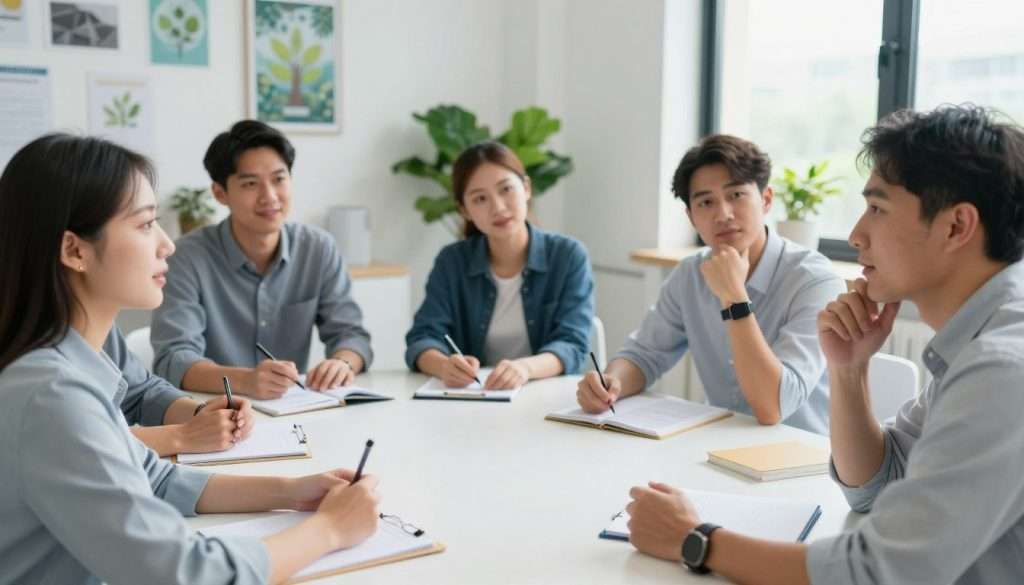 A professional setting featuring a diverse group of engaged learners collaborating at a round table, sharing feedback and ideas. In the foreground, a young woman in business attire enthusiastically presents her thoughts, while a middle-aged man nods thoughtfully, reflecting a constructive dialogue. In the middle ground, other learners capture notes and expressions of encouragement, indicating a supportive atmosphere. The background showcases a bright, well-lit office space filled with greenery and inspirational posters that symbolize growth and learning. Soft, natural light illuminates the scene from large windows, creating an inviting, optimistic mood. The entire composition conveys the spirit of collaboration and the power of feedback in fostering a growth mindset.