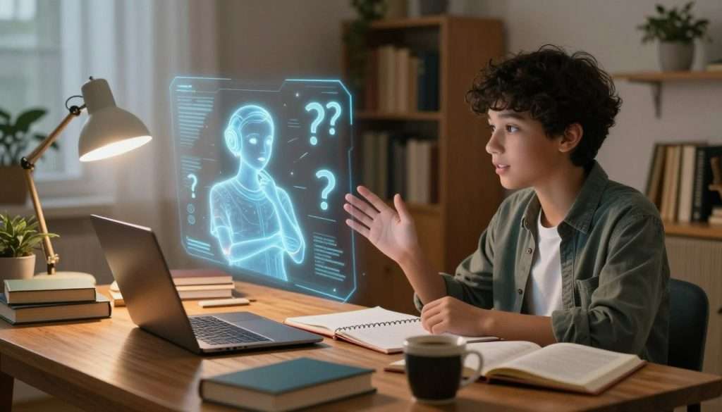 A scene depicting a personalized AI Socratic tutor in a cozy study environment. In the foreground, a young student, dressed in smart casual clothing, is engaged in an interactive session with a floating holographic AI assistant. The AI, depicted as a glowing, ethereal figure, is presenting thought-provoking questions. In the middle, a wooden desk is scattered with books, a laptop, notes, and a cup of coffee, all softly illuminated by warm lighting from a nearby desk lamp. The background features shelves filled with books, blending into a tranquil space adorned with plants. The atmosphere is focused and inspiring, capturing the essence of personalized learning and intellectual dialogue. The composition is shot from a slightly low angle to emphasize the interaction and create a sense of immersion.