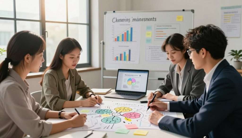 A serene and focused workspace illustrating memory improvement techniques. In the foreground, a diverse group of three professionals, dressed in smart casual attire, are collaboratively engaging with colorful mind maps and sticky notes covering a table. In the middle ground, a whiteboard displays graphs and diagrams representing cognitive strategies, while a laptop shows a digital presentation on memory training. The background features a large window with soft natural light streaming in, casting a warm glow over the scene. The atmosphere is motivational and productive, emphasizing collaboration and intellectual growth. The composition is captured at a slightly elevated angle, highlighting both the participants' interactions and the educational materials around them.