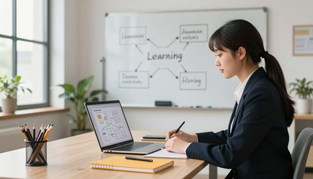 A serene and modern workspace showcasing simplified learning methods. In the foreground, a focused young woman, dressed in professional business attire, is sitting at a clean desk filled with colorful notebooks and digital devices displaying organized diagrams and flowcharts. The middle ground features a whiteboard displaying key learning concepts in a visually engaging way, with ideas interconnected by arrows. In the background, soft natural light streams through a large window, creating a warm and inviting atmosphere, with potted plants adding a touch of nature. The overall mood is calm and inspiring, encouraging a sense of effortless education amidst a well-organized learning environment. The image captures the essence of making complex topics accessible and enjoyable.