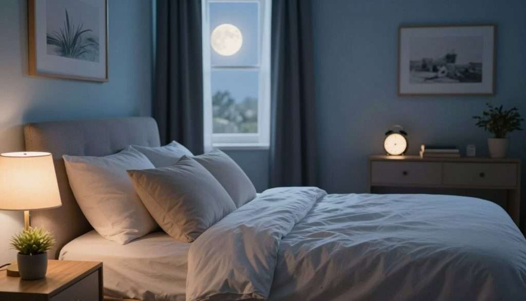 A serene bedroom designed for optimal restorative sleep, featuring a cozy queen-sized bed with soft, inviting bedding and plenty of plush pillows in pastel colors. In the foreground, a bedside table with a dimmable lamp casting a warm, gentle glow and a small potted plant for a touch of nature. In the middle, an open window allows soft moonlight to filter in, while blackout curtains gently sway, creating a sense of tranquility. The walls are painted a calming light blue, adorned with soothing artwork, enhancing relaxation. In the background, a softly glowing alarm clock on the nightstand subtly indicates the time. The overall atmosphere is peaceful and inviting, promoting a mood of relaxation and calmness, ideal for restorative sleep.