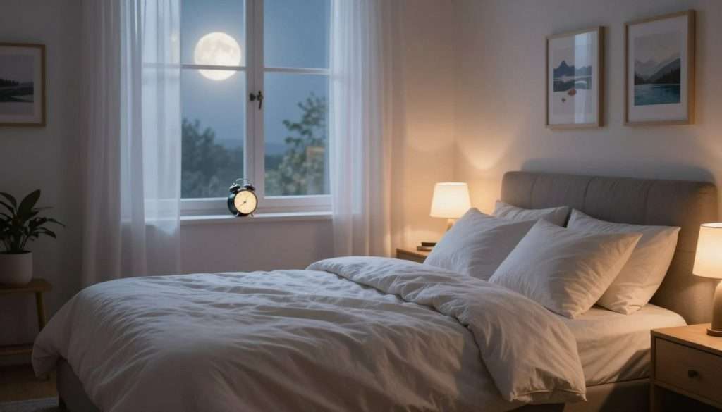 A serene bedroom scene showcasing a cozy environment conducive to quality sleep. In the foreground, a neatly made bed with soft, inviting blankets and pillows, surrounded by calming nightstands with dimly lit lamps. The middle layer features a large window with sheer curtains gently fluttering, allowing soft moonlight to filter through, casting a tranquil glow across the room. In the background, elements like a softly glowing alarm clock and framed images of peaceful landscapes add to the atmosphere of relaxation. The overall lighting is warm and soothing, evoking a sense of calm and mental clarity. The image encapsulates the importance of sleep in cognitive enhancement, inspiring viewers to prioritize restful nights for improved mental acuity.