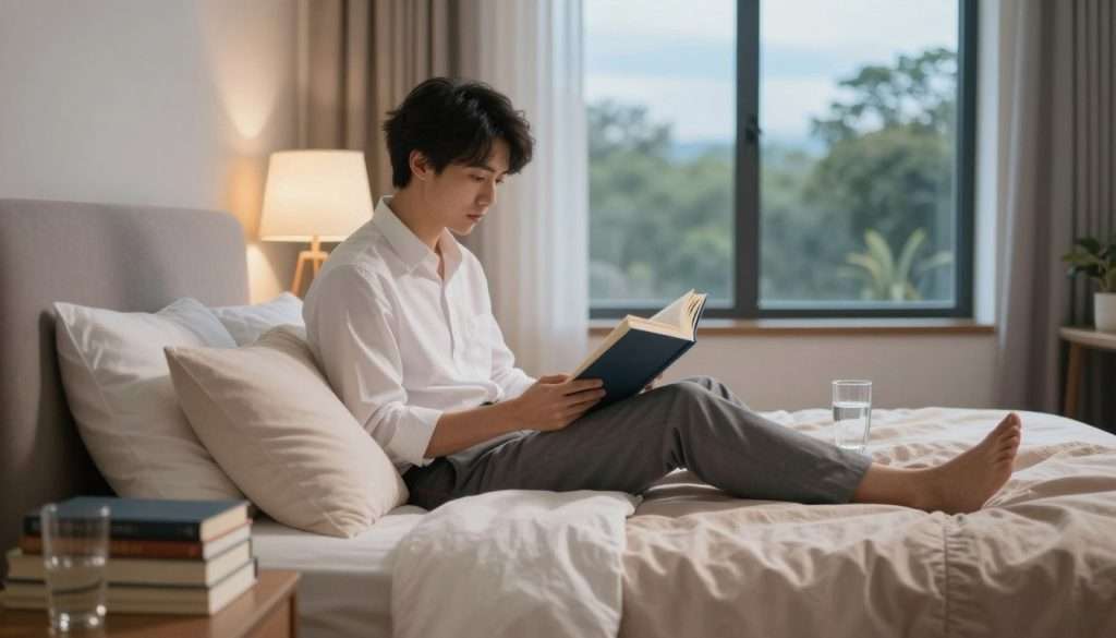 A serene bedroom setting focusing on sleep hygiene and cognitive function. In the foreground, a neatly made bed with soft, pastel-colored linens, a stack of academic books on a bedside table, and a glass of water. In the middle, a person in professional attire (a crisp white shirt and tailored trousers) sitting on the bed, reading intently with a thoughtful expression, surrounded by soothing lighting from a bedside lamp. In the background, a large window allows soft, natural light to pour in, showing a peaceful outdoor view of trees and blue sky. The atmosphere is calm and focused, conveying a sense of well-being and productivity, suitable for academic success. The composition is inviting, emphasizing the importance of proper sleep for cognitive function.