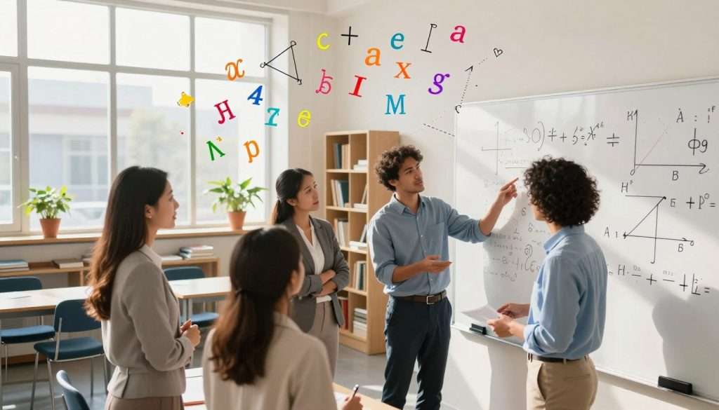 A serene classroom scene reflecting a transformative approach to math. In the foreground, a confident, diverse group of four people—two men and two women—of various ethnicities, dressed in professional business attire, are engaged in a lively discussion, examining colorful mathematical concepts displayed on a whiteboard. In the middle ground, sunlight streams through large windows, illuminating an array of vibrant mathematical symbols and equations that float in the air, symbolizing newfound understanding. In the background, shelves filled with books and educational materials create an inviting atmosphere, while potted plants add a touch of warmth. The overall mood is uplifting and inspirational, evoking a sense of growth and positive change in math perception. Capture this scene from a slightly elevated angle, emphasizing the brightness and openness of the space.