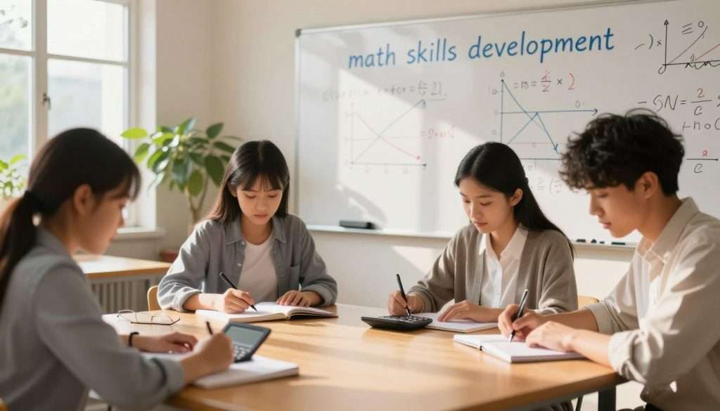 A serene classroom setting illustrating "math skills development." In the foreground, a diverse group of three students—two females and one male—are engaged in math activities, using calculators and notebooks, dressed in business casual clothing. In the middle ground, a large whiteboard is filled with colorful mathematical equations and graphs, conveying active learning. The background features a sunlit window with green plants that enhance the atmosphere of growth and curiosity. The lighting is warm and inviting, casting soft shadows that add depth to the scene. The overall mood evokes enthusiasm and determination, symbolizing the rewarding journey of personal growth through studying math.